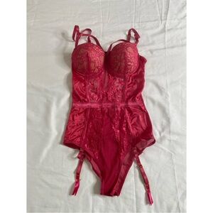 Frederick's of Hollywood Pink and Red Lace Bodysuit with Adjustable Straps